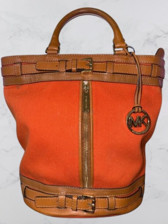 Michael Kors Handbags - Michael Kors Kingsbury Orange Canvas Bucket Bag Cognac Leather Crossbody